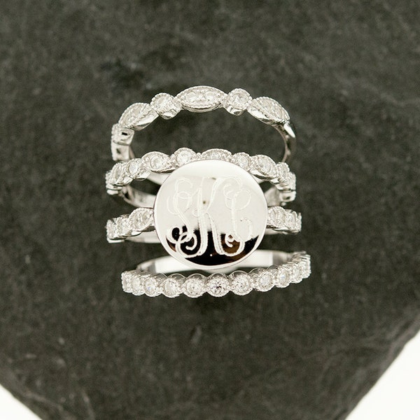 925 Silver CZ Stacking Monogram Ring, Wedding Set, Monogram Stackable Ring, Art Deco, Sterling Silver