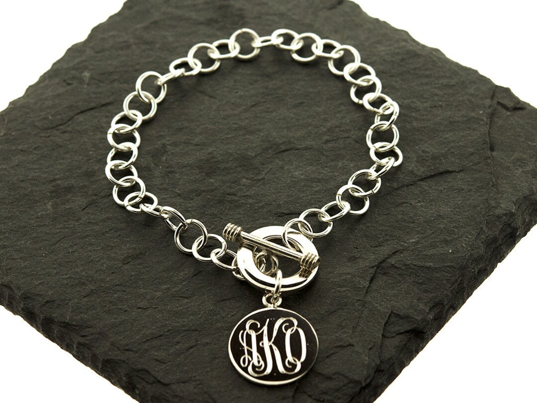 925 Sterling Silver Round Tag Monogram Bracelet, Circle Tag