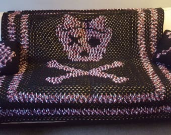 Crocheted Skull and Crossbones Blanket: Pink Camo & Black Afghan Bedding