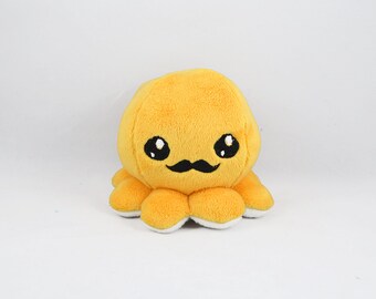 Yellow Gentleman Octopus Plush, Octopus Toy, Embroidered Mustache Octopus, Stuffed Animal, Minky Fabric