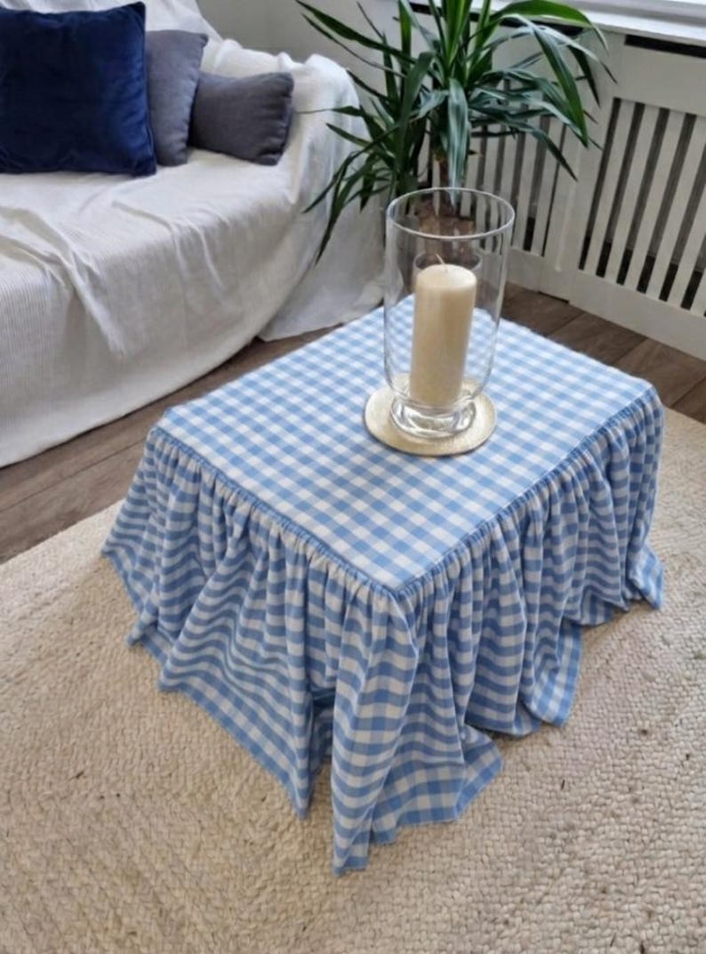 Custom Gingham Ottoman, Bench, Foorstool or Table Slipcover: Made-to-Measure, Gathered Skirt frill skirt image 2
