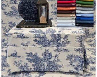 Custom Linen Ottoman Slipcover: Piped Border, Pleated Skirt