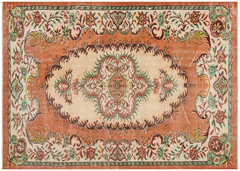 Orange Vintage Rug 6.00x8.6 ft, Overdyed Rug, Large Turkish Rug, Medallion Rug, Distressed Rug, Handknotted Rug, Turkey Rug, Boho Teppich image 3