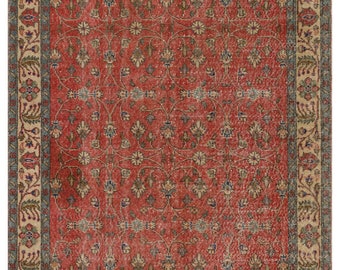 Ruby Radiance: Vintage Handmade Turkish Wool Rug - 5.08x8.46 ft, Timeless Red Elegance - Office & Home Decor