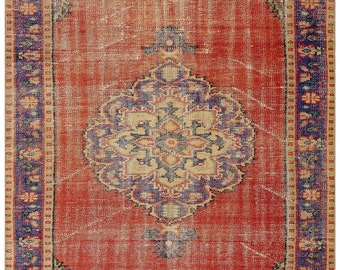 Citrus Bloom: Turkish Sunburst Vintage Wool Rug (4.33x7.05 ft) - Handmade Orange Elegance for Unique Office Decor!