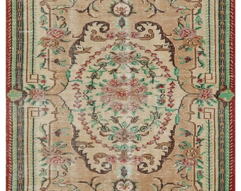 Turkish Tango: Large Handknotted Green Orange Distressed Rug - 4.85 x 7.80 ft - Ethnic, Contemporary, and Perfect as a Gift!