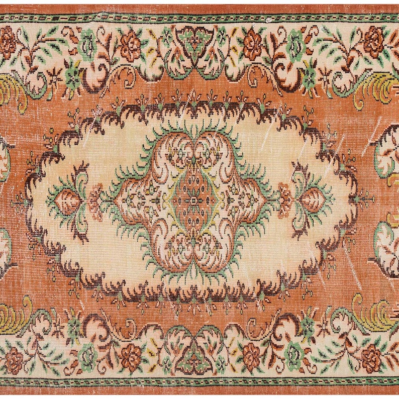 Orange Vintage Rug 6.00x8.6 ft, Overdyed Rug, Large Turkish Rug, Medallion Rug, Distressed Rug, Handknotted Rug, Turkey Rug, Boho Teppich image 4