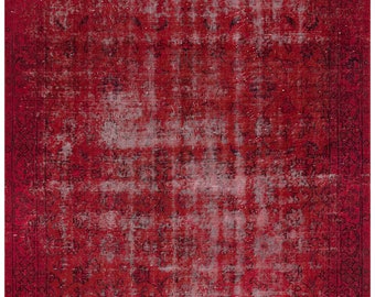 Ruby Reverie: Vintage Handmade Red Wool Rug 5.18x8.76 ft - Turkish Elegance for Office Decor!