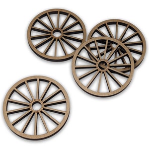 3.5 inch, 14 spoke wheels (3.5 in OD x 1/4 in thick 1/2 in hole), Solid Wood (Poplar) , Wagon wheels, Paintable, Set of 4