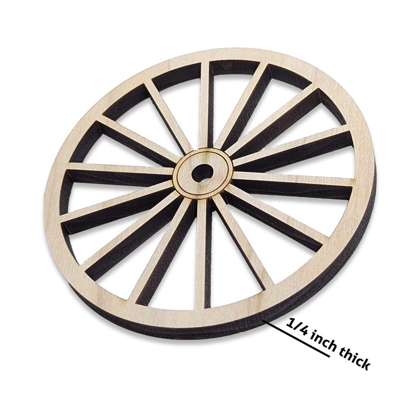 May include: A wooden wagon wheel with 16 spokes, measuring 0.6 cm thick. The wheel is made of light brown wood and has a natural finish.