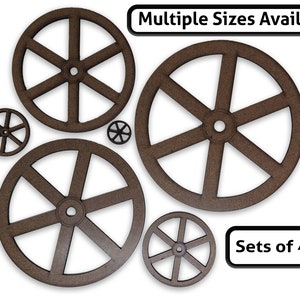6 spoke wheels, wooden Composite , Wagon wheels, Paintable, sturdy construction (Set of 4)