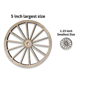 May include: Two wooden wagon wheels, one 5 inches in diameter and the other 1.25 inches in diameter. Both wheels have 12 spokes.