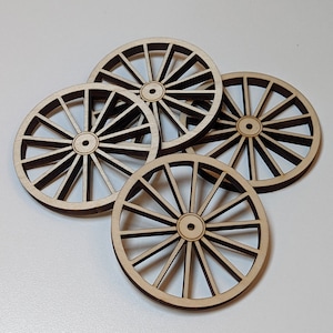 3 inch, 14 spoke wheels (3 in OD x 1/4 in thick 1/8 in hole), Solid Wood (Poplar) , Wagon wheels, Paintable, Set of 4
