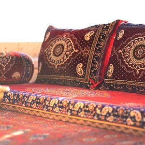 AFGHAN Royal RED Oriental Seating - Majlis - Toshak - Badesht - Silky Velvet Indoor / outdoor - Hookah lounge - Home 6pcs