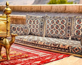TURKMEN Bukhara BEIGE Oriental Seating - Majlis - Toshak - Bukhara - Silky Velvet Indoor / outdoor - Hookah lounge - Home 6pcs