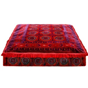May include: A red and blue patterned floor cushion with a fringe border. The cushion is made of a soft, plush fabric and is perfect for adding a touch of bohemian style to any room.