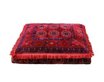 Afghan Bukhara Medium Ottoman Cushion, Moroccan Pouffe, Square Kilim Pouf, Ethnic Bohemian Oriental Home Decor Velvet - Model #1