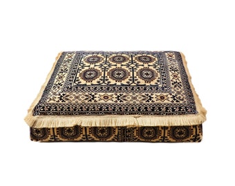 Afghan Bukhara Beige Medium Ottoman Cushion, Moroccan Pouffe, Square Kilim Pouf, Ethnic Bohemian Oriental Home Decor Velvet - Model #1