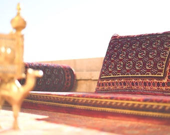 Khoja Roshnai RED Oriental Seating - Majlis - Toshak - Afghan - Silky Velvet Indoor / outdoor - Hookah lounge - Home 3pcs / 4pcs / 6pcs