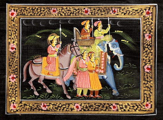 Indian Miniature Painting on Silk, Vintage Tapestry, Wall Hanging