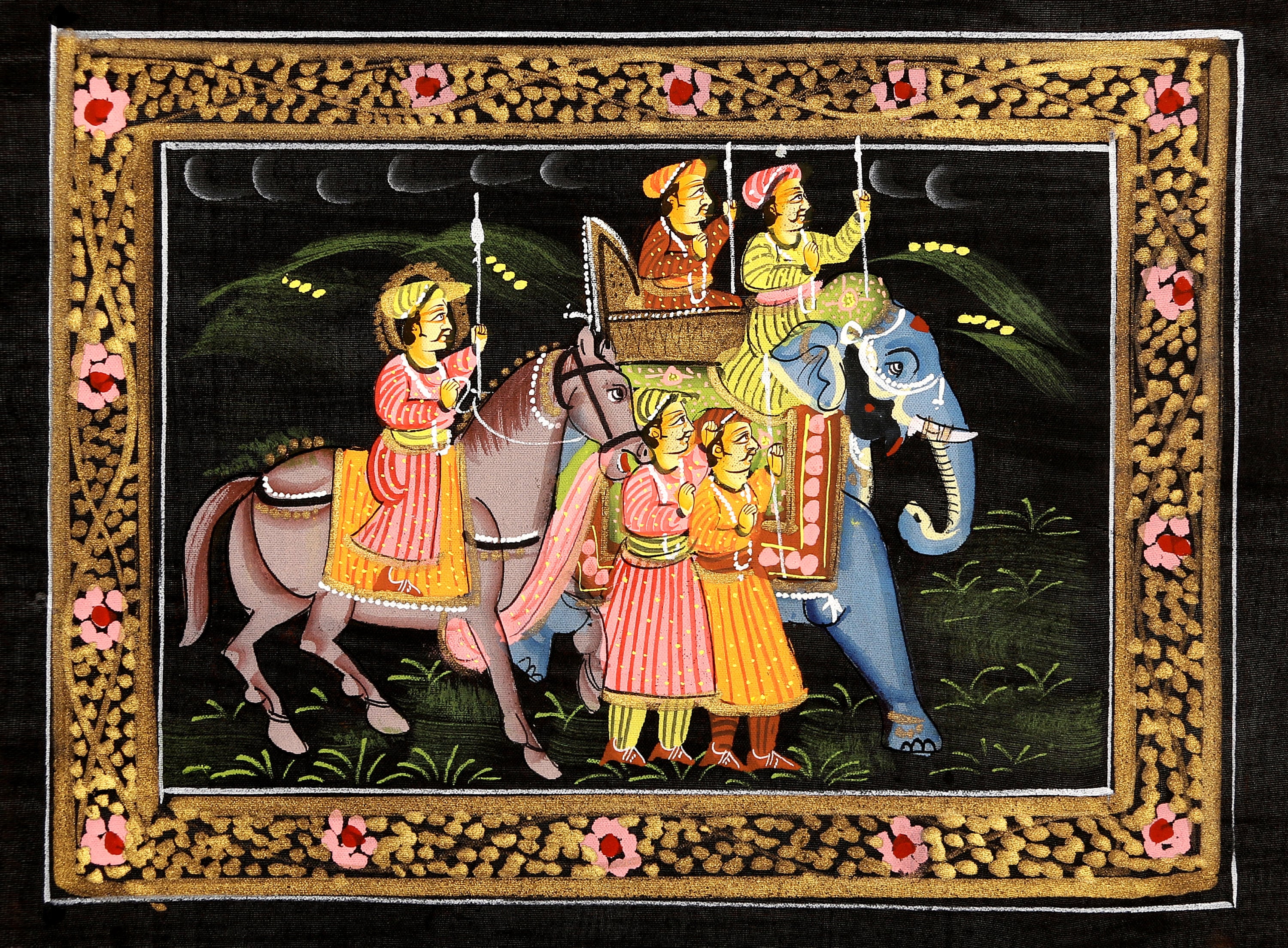 Indian Miniature Painting on Silk, Vintage Tapestry, Wall Hanging