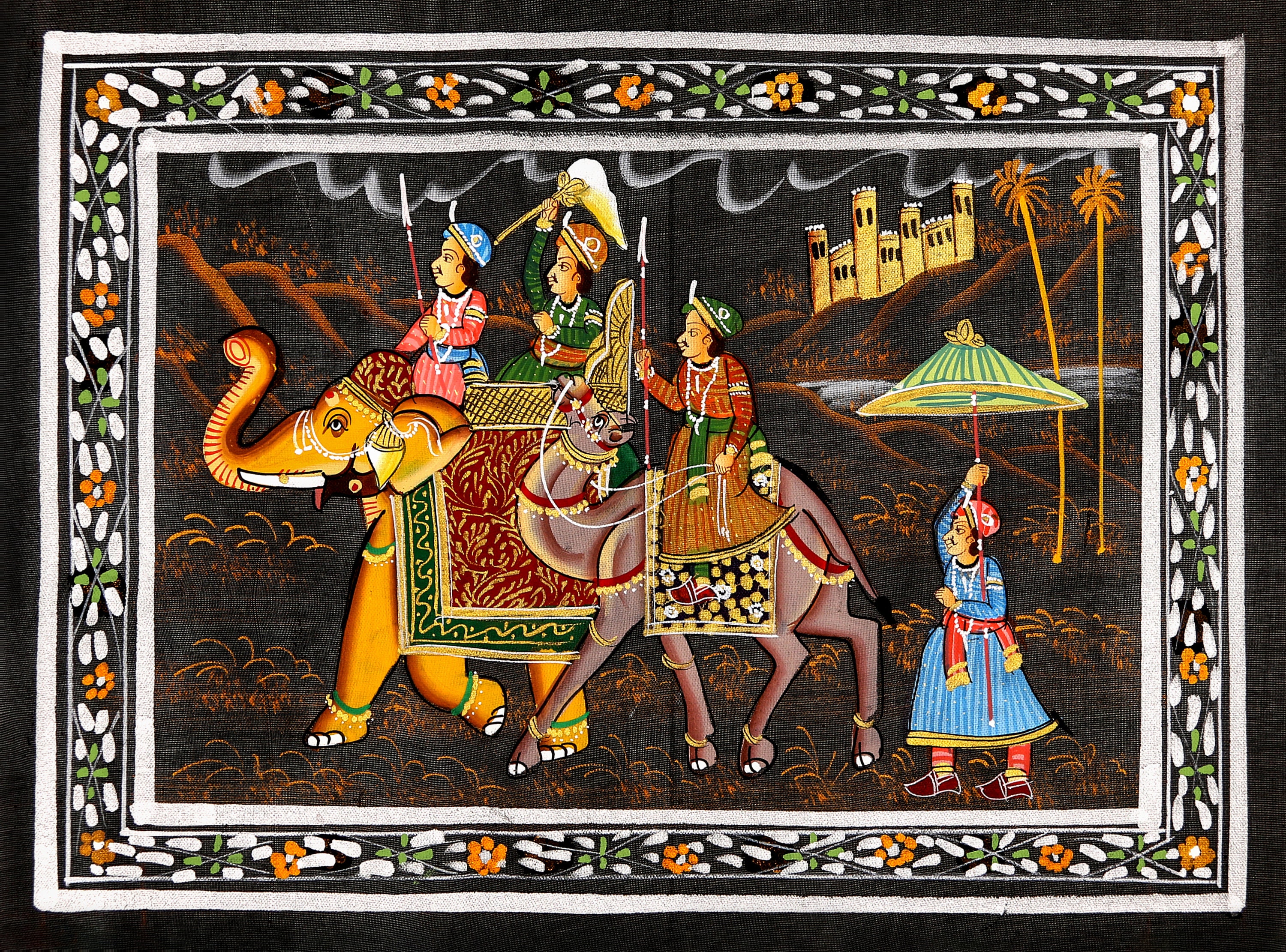 Indian Miniature Painting on Silk, Vintage Tapestry, Wall Hanging