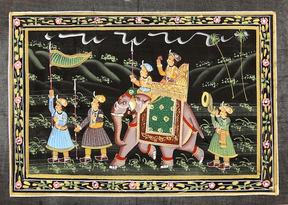 Indian Miniature Painting on Silk, Vintage Tapestry, Wall Hanging