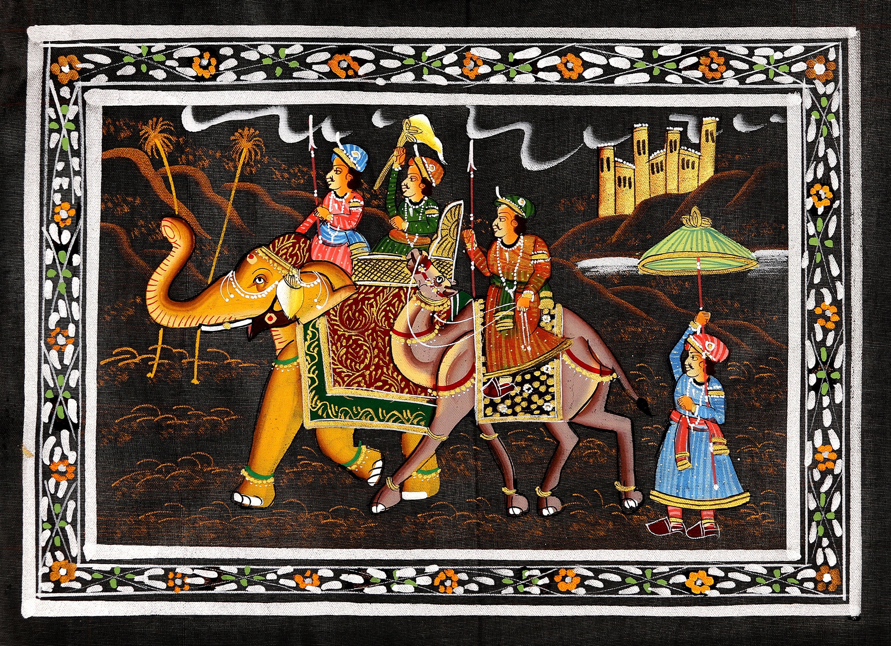 Indian Miniature Painting on Silk, Vintage Tapestry, Wall Hanging