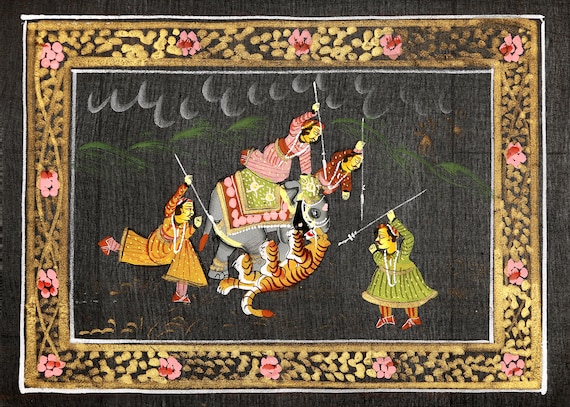 Indian Miniature Painting on Silk, Vintage Tapestry, Wall Hanging