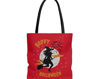 Halloween Flying Witch Tote Bag in Red