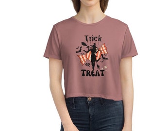 Cukierek albo psikus Straszna czarownica halloweenowy prezent damski zwiewny krótki T-shirt