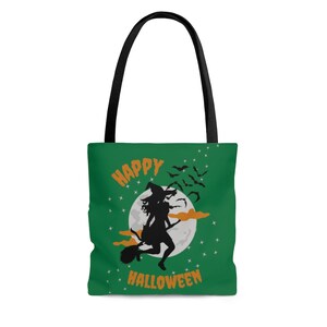 Halloween flying Witch Tote Bag in green