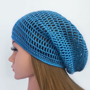 Crocheted Blue Beret Knitted Slouchy Hat  Beanie Gifts Summer Spring Fall Caps Women's Summer Beanie Crocheted Hat Beret Boho Cotton Beret