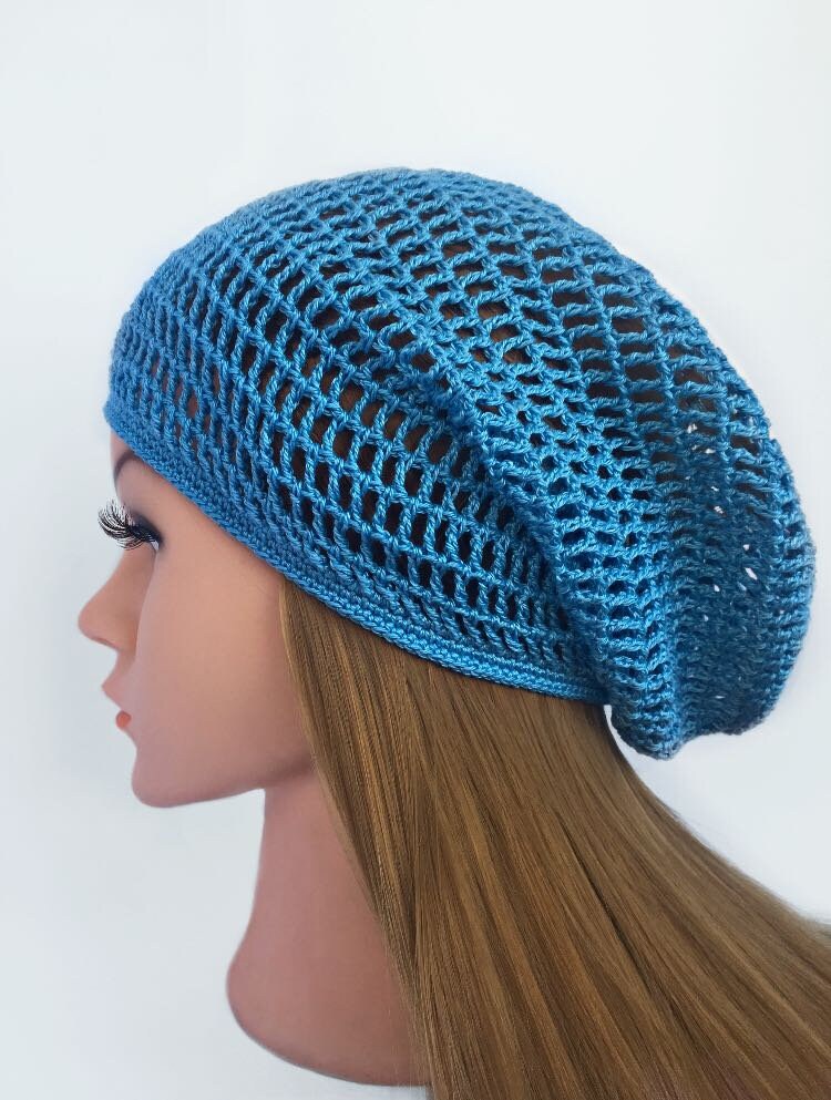 Crocheted Blue Beret Knitted Slouchy Hat Beanie Gifts Summer 