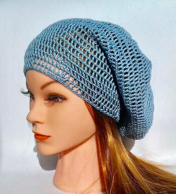 UNISEX KNIT BERET SLOUCH HAT HANDMADE CROCHET BLUE WARM WINTER GEAR OS Crocheted Blue Beret Knitted Slouchy Hat Beanie Gifts Summer  main image 3