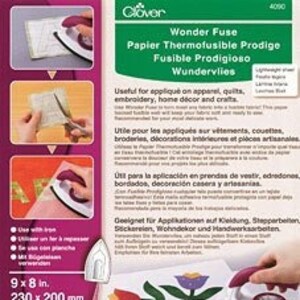 May include: A package of 10 sheets of Wonder Fuse fusible web, a heat-activated adhesive for crafts. The package shows a close-up of the fusible web, a hand cutting it, and an iron being used to apply it. The package also includes the dimensions of the sheets: 9 x 8 inches or 230 x 200 millimeters.