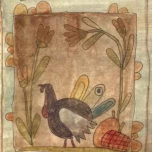 May include: A watercolor painting of a turkey with a brown, gray, and blue tail feathers. The turkey is surrounded by brown, green, and yellow flowers. The background is a light brown color.