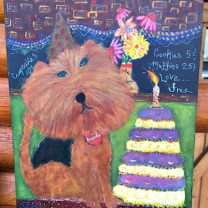 Original Dog Birthday Acrylic Painting – Whimsical Pup Art on Canvas – Fun Gift for Dog Lovers – OOAK Pet Wall Art