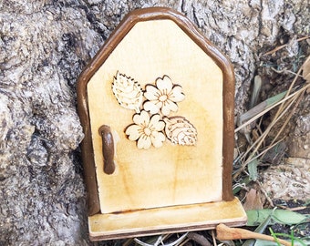 Fairy Door with Wooden Flowers | Miniature Pixie Door | Freestanding Wood Fairy Door