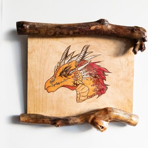 Red Dragon Wallhanging Hand Painted in Watercolor and Pyrography with Unique Branch Wood Frame