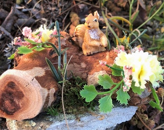 Miniature Squirrel Display with Yellow Flowers for Fairy Gardens
