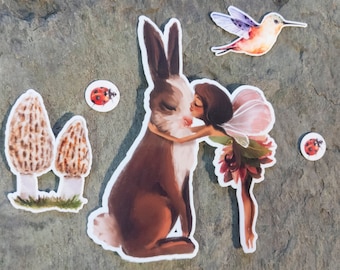 Fairy Kisses Sticker Set of 6 | Laminated Vinyl Sticker Collection of Fairy, Rabbit, Hummingbird, Ladybugs and Mushrooms