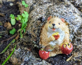 Miniature Hedgehog with Three Apples, Mini Hedgehog for Outdoor Fairy Gardening