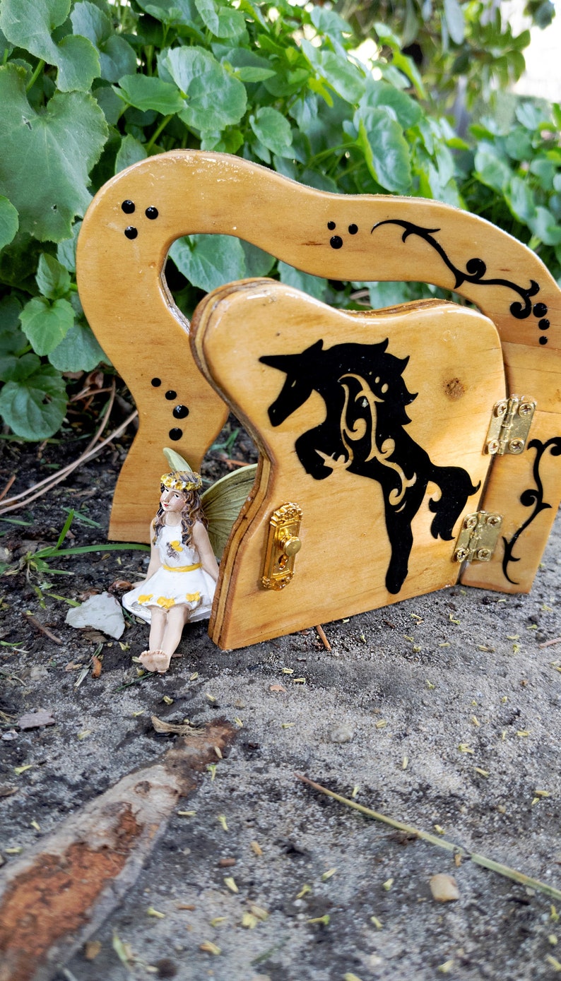 Fairy Door that opens and closes with Unicorn, Outside Functional Faerie Door, Jumping Unicorn Miniature Door image 5