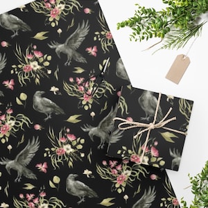 Beautiful Ravens Wrapping Paper | Black Wrapping Paper with crows and Flowers