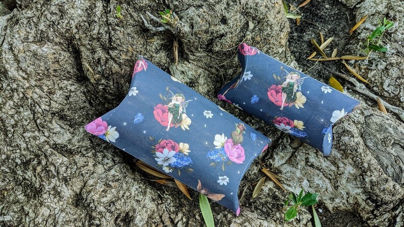 Pillow Box Set with 5 Fairies and Flowers in Large and Small Size to print at home Digital Blue Pillow Box with Fairies Set of Two image 1