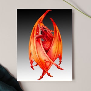 May include: A watercolour painting of a red dragon with its wings spread wide. The dragon is depicted with a fierce expression and sharp teeth. The background is a gradient of black and white.