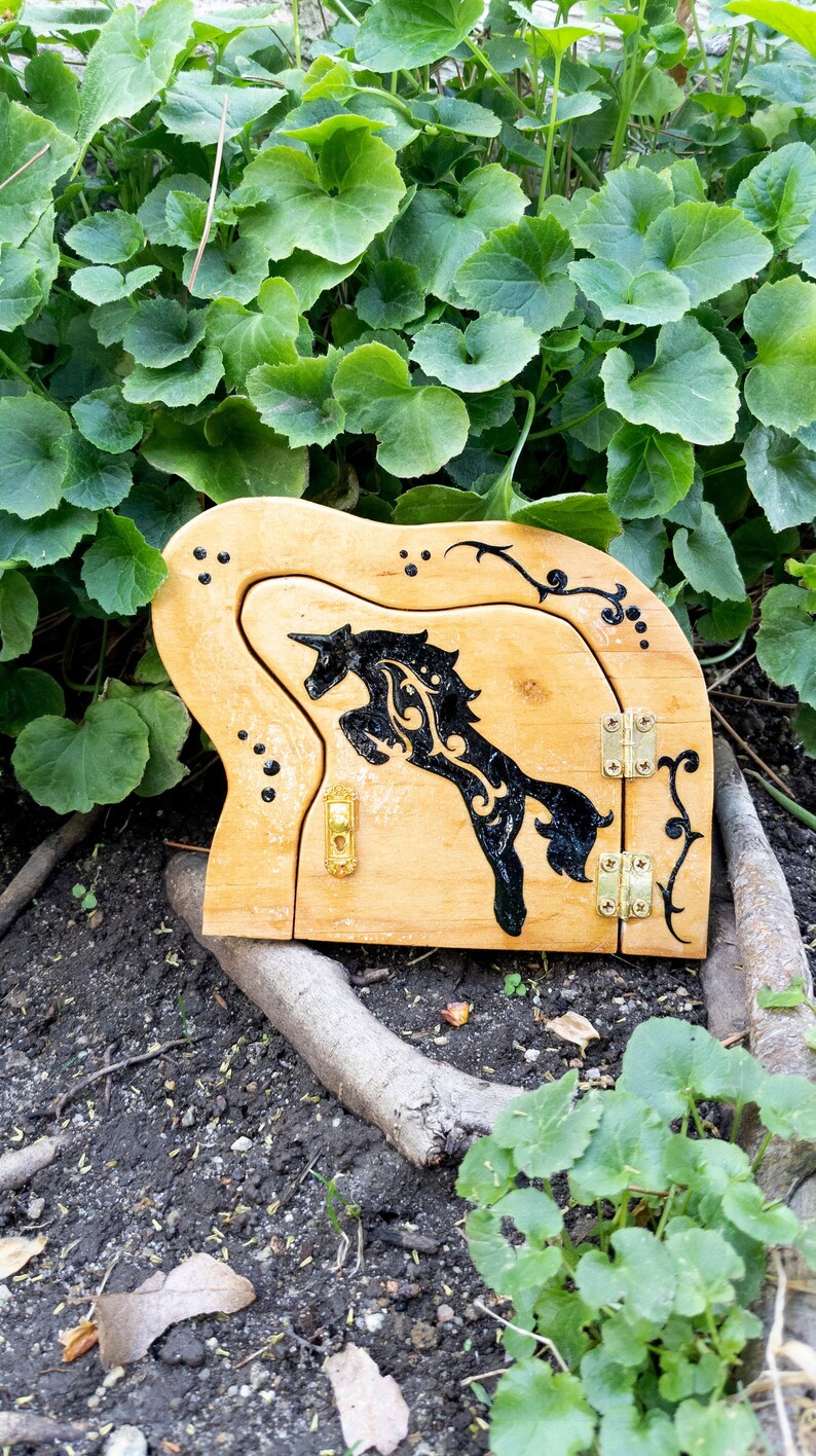 Fairy Door that opens and closes with Unicorn, Outside Functional Faerie Door, Jumping Unicorn Miniature Door image 1
