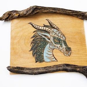 Blue Dragon Wallhanging Hand Painted in Watercolor and Pyrography with Unique Branch Wood Frame