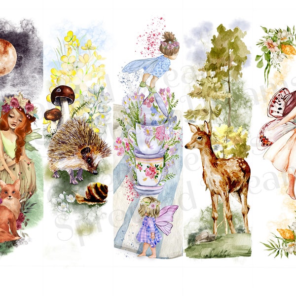 Marque-page Ensemble de fées de la forêt et des bois | 5 marque-pages imprimables de fées et de forêt